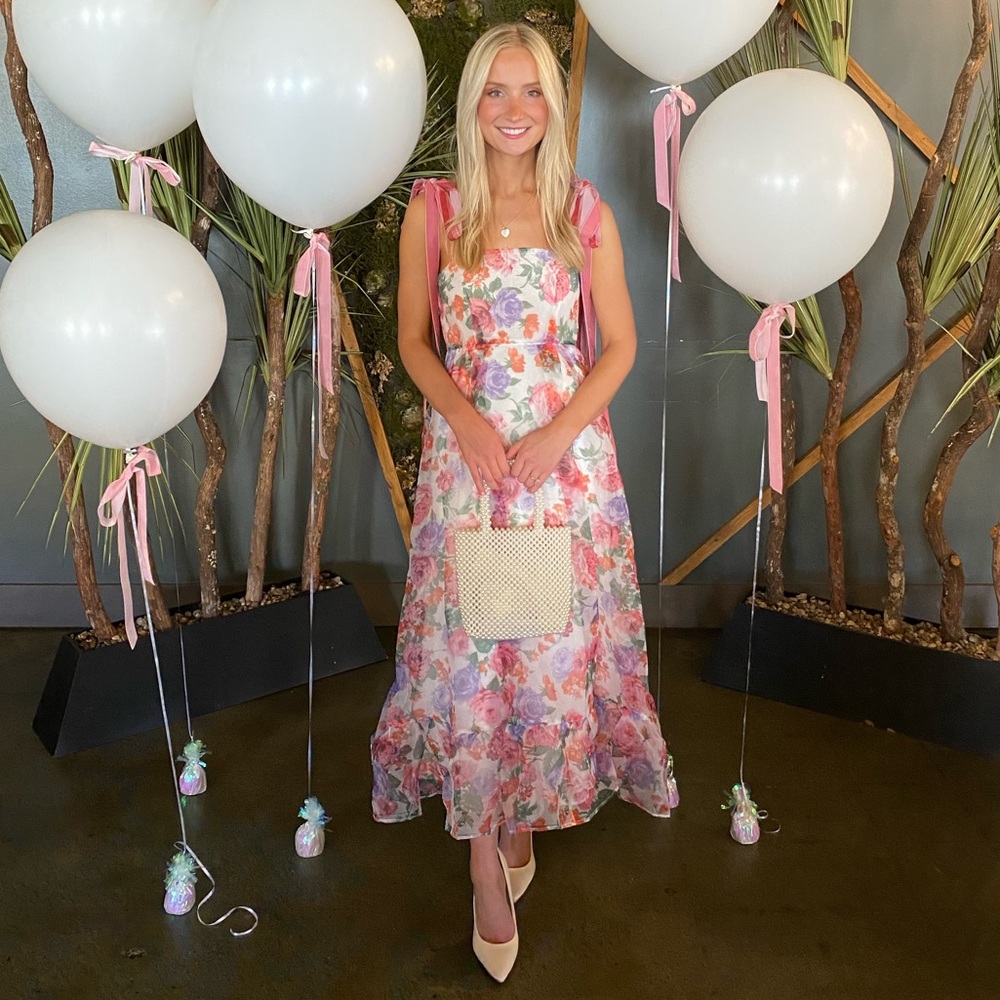 Sister Jane midi floral dress w/ velvet bow straps